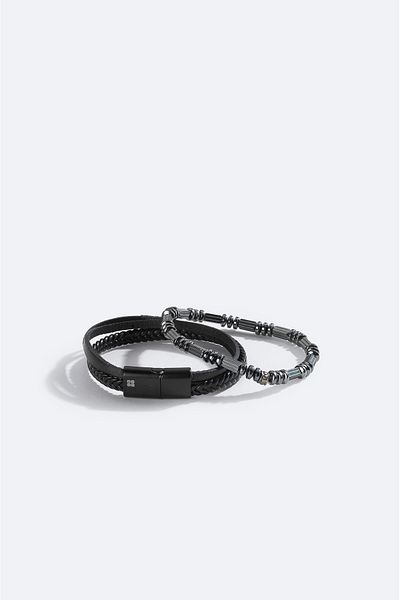 Avva Men's Black Leather and Stone Bracelet A51Y9613