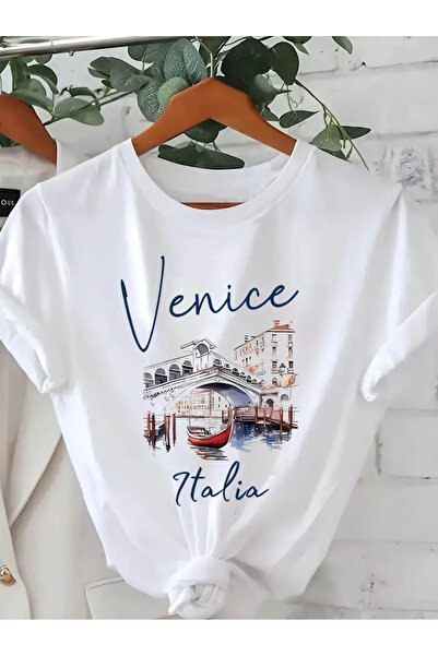 AEMİ Унісекс Venice Italia з принтом, 100% бавовна, оверсайз футболка