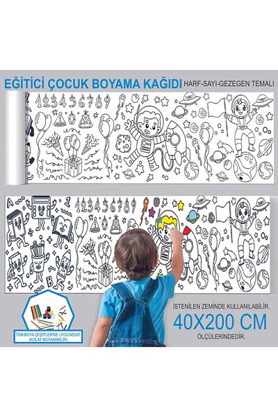 Baskı Madeni Educational Letter-Number-Planet Themed Roll Painting Paper 40X200 cm