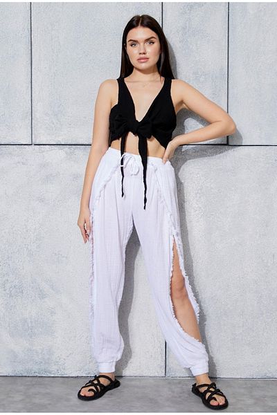 TEXTURA Linen Trousers with Side Slits, Modern and Light Cut with Elastic Legs