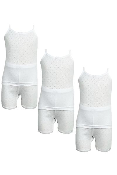 City Rose Fashion 3-Pieces Camisole And Short Underwear Girls Set Perforated Cotton 100% White