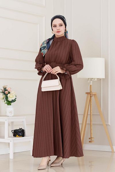 Sevitli Henna Dress with Flounces and Belted Sleeves-Brown