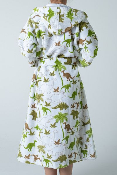 Kyron Boy's White Hooded Dinosaur Patterned Bathrobe – Cotton and Soft Fabric