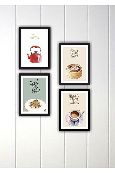 PİXWALLART 4 Piece Kitchen Home Decoration Frame Look Wooden Back Adhesive Mdf Table Multi Set