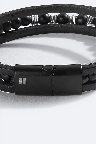 Avva Men's Black Leather and Stone Bracelet A51Y9600