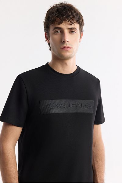 Avva Men's Black Crew Neck Injection Printed Interlock T-Shirt A51Y1021