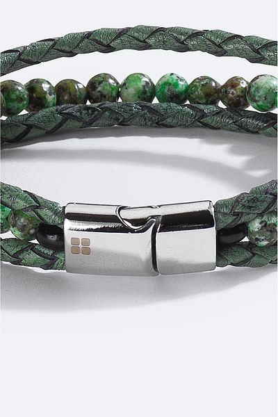 Avva Men's Green Leather and Stone Bracelet A51Y9602