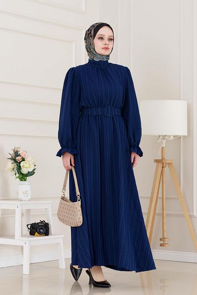 Sevitli Henna Dress with Flounces and Belted Sleeves-Navy Blue