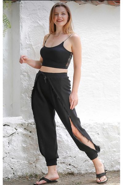 TEXTURA Linen Trousers with Side Slits, Modern and Light Cut with Elastic Legs