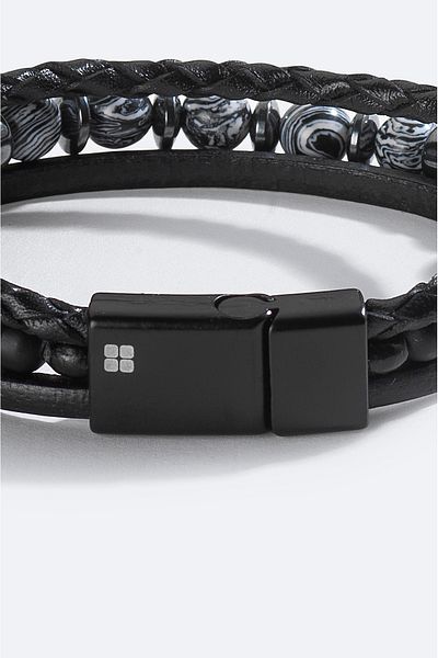 Avva Men's Black Leather and Stone Bracelet A51Y9601