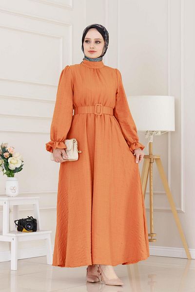 Sevitli Henna Dress with Flounces and Belted Sleeves-Orange