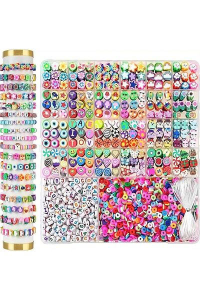 yiğit aksesuar 240 Pieces of Fimo Figures and 200 Pieces of Letter Beads Bracelet Necklace Making Set in a Box with 24 Compartments