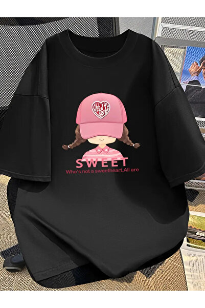 AEMİ Unisex šešir Sweet Štampano 100% pamuk Oversize kroj T-shirt