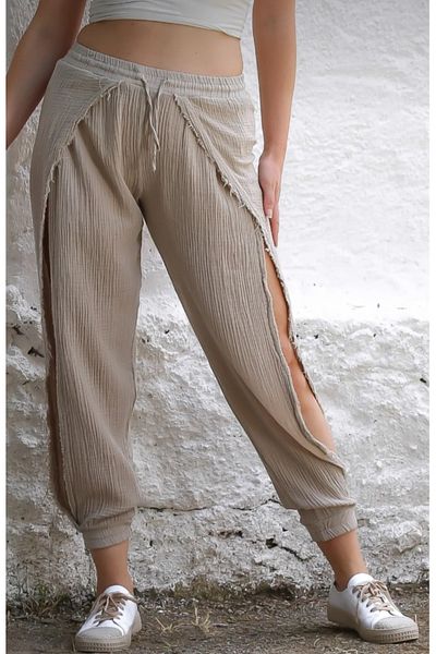 DAPHN Linen Trousers with Side Slits, Modern and Light Cut with Elastic Legs