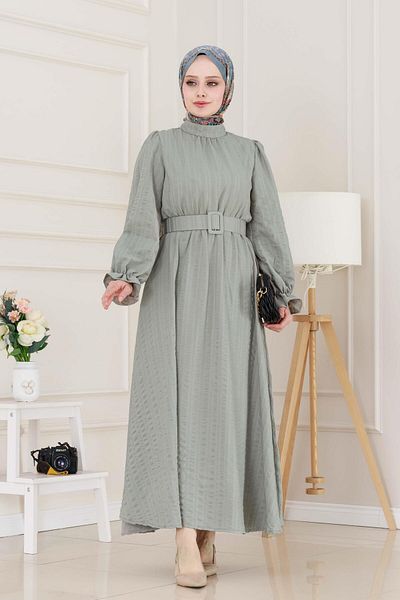 Sevitli Henna Dress with Flounces and Belted Sleeves - Mint Green