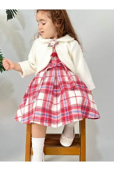 Cherrys Bebek Plaid Girl's Dress with Plush Bolero