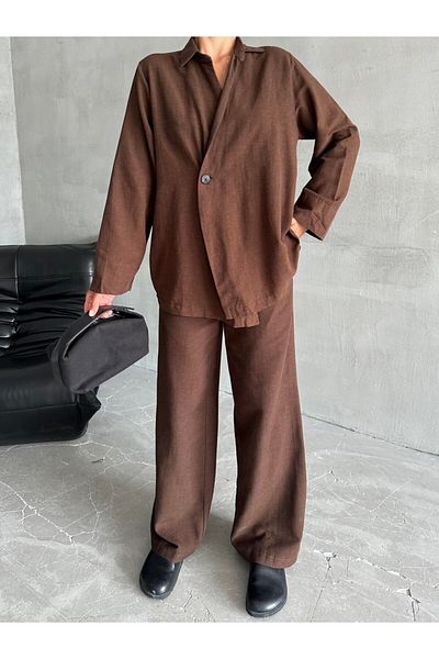 My Blog Brauner Kimono-Hosensatz aus 100 % Baumwolle mit zweireihigem Verschluss und einem Knopf – 8351