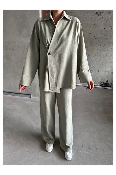 My Blog Khaki 100% Cotton Double Breasted Closure Single Button Kimono Trouser Suit - 8351