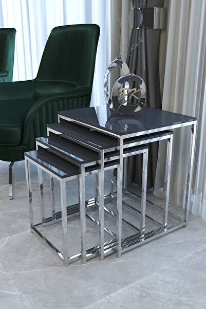 Puklife Duru 4'lü Kare Zigon Sehpa Seti Gümüş Ayak, Antrasit Parlak Yüzey Mdf