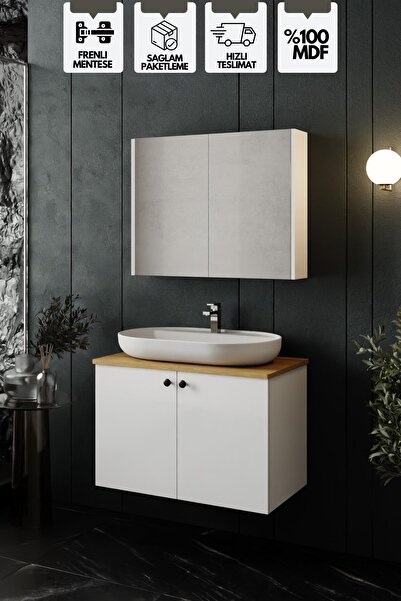 KAREN BANYO Liva 80 Cm, Tezgahlı, Aynalı Banyo Dolabı Seti, Lavabo Dahil Beyaz Mdf