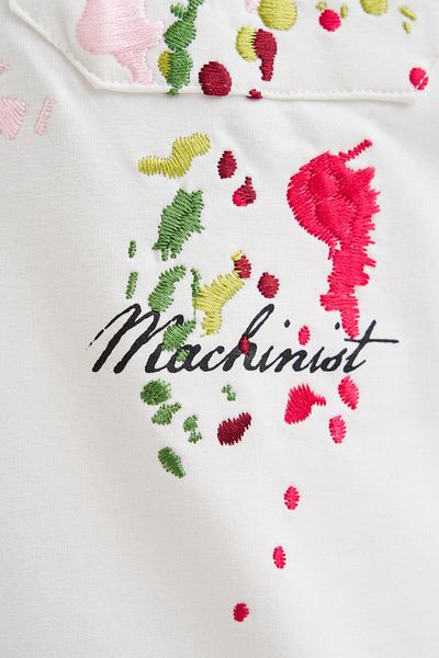 Machinist Men's Splater Look Colored Embroidered Oversize Ecru T-Shirt