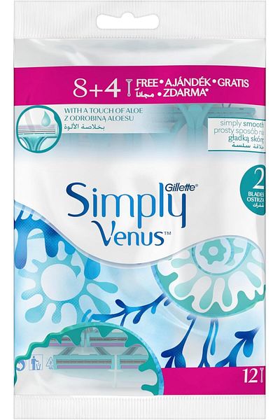 Gillette Simply Venus 2 Blades Disposable Razor (8+4) 12 PCS (Women Blue)