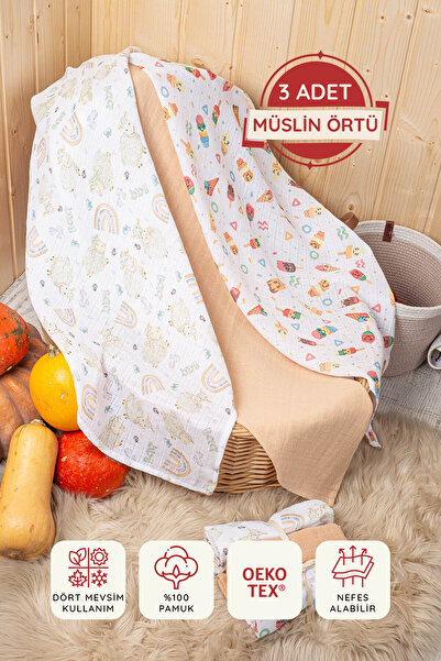 LUCKKA 3'lü Çok Amaçlı Müslin Örtü Seti - 75x75 Cm - Ztc200