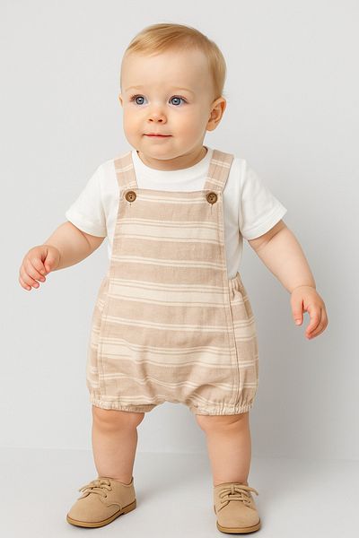 Bubito Striped Tshirt Detailed Snap Fastener Cotton Summer Baby Slopet Suit-Beige