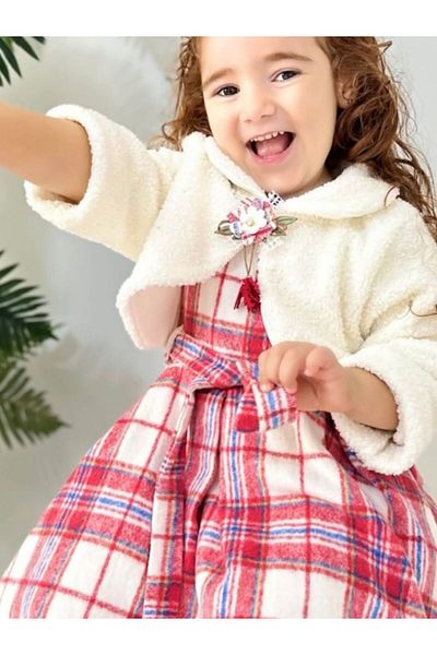 Cherrys Bebek Plaid Girl's Dress with Plush Bolero