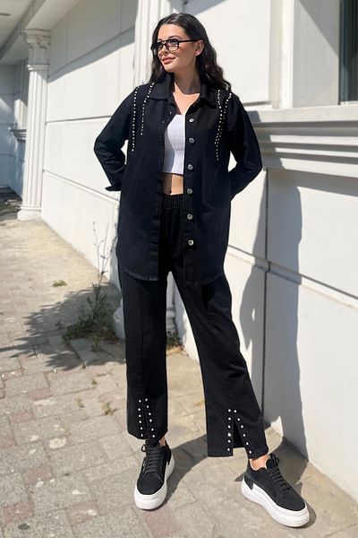 TOFİSA Black Stone Detailed Women's Double Suit - Plain Shirt Collar - 25365