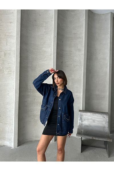 ÇEÇİM JACHETĂ DE DENIM OVERSIZE DETALIATĂ DE PIATRA PENTRU FEMEI ZYN-58710