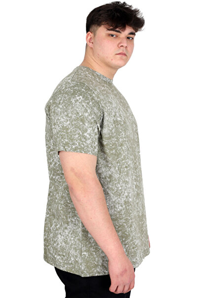 ModeXL Mode XL Large Size Men's T-Shirt Crew Neck Etching Print U20037 Khaki