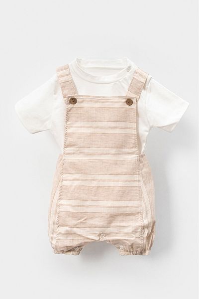 Bubito Striped Tshirt Detailed Snap Fastener Cotton Summer Baby Slopet Suit-Beige