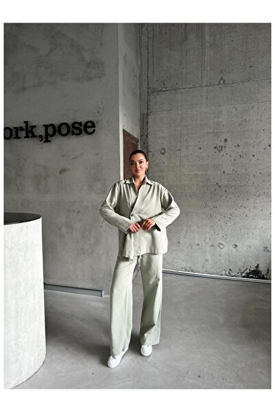 My Blog Khaki 100% Cotton Double Breasted Closure Single Button Kimono Trouser Suit - 8351