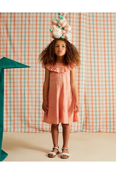 Ziddy Cotton Dress with Embroidery and Ruffles for Girls, Coral