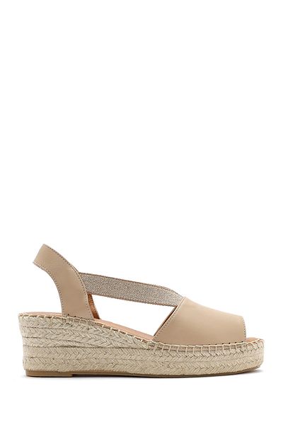 Derimod Women's Beige Wedge Heeled Leather Espadrille Sandals 25Sfd 457718