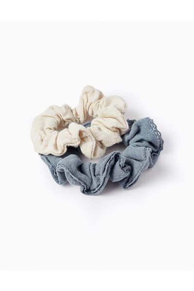 Ziddy Pack of 2 Scrunchie Hair Ties for Baby and Girl, Blue/Beige