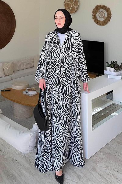 lamelif Φόρεμα Hijab με μανίκια με στάμπα ζέβρας μαύρο