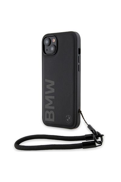 BMW IPhone 15 Plus Case, Signature Leather Wordmark Cord, BMW - Matte Black
