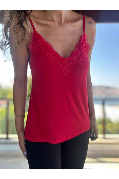 Atelier Derin Red Lace Blouse with Straps