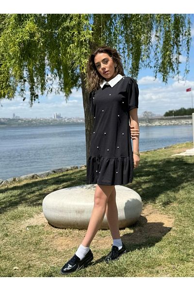 Modayakamoz New Season Women's Short Sleeve Collar Pearl Detailed Short Imported Crepe Dress