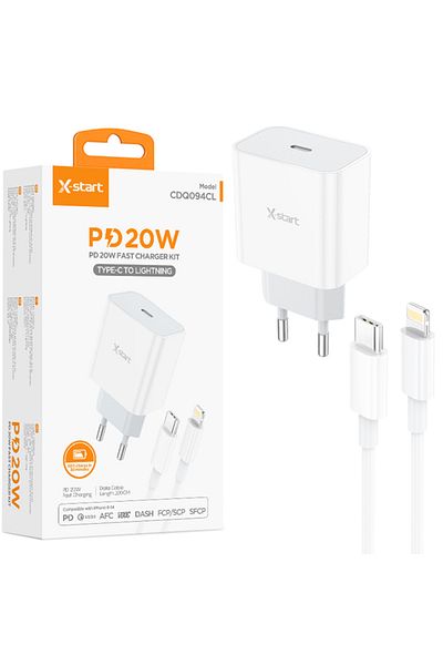 REDz Accessories Set adaptor X-Start CDQ094CL și cablu Lightning, pentru iPhone, încărcare rapidă 20W, alb