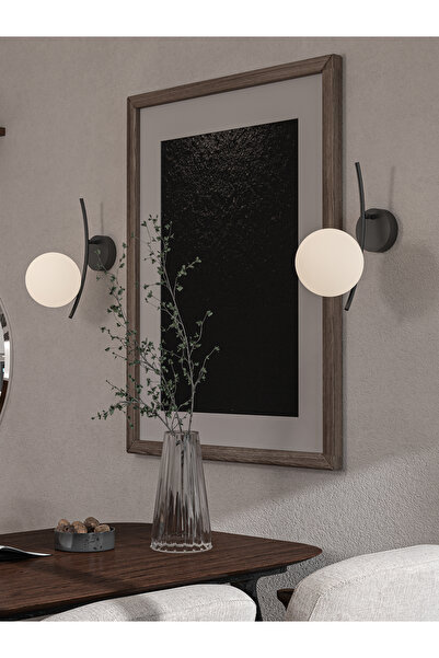 avizade Lal 2 Adet Modern Yay Formlu Duvar Apliği - Siyah Metal Gövde Ve Beyaz Küre Cam Başlık Led Uyumlu