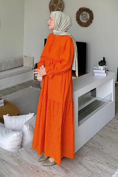 lamelif Floral Embroidered Scallop Dress Orange