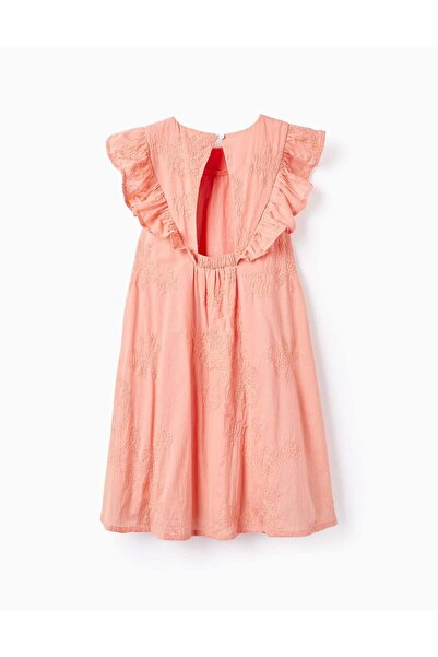 Ziddy Cotton Dress with Embroidery and Ruffles for Girls, Coral
