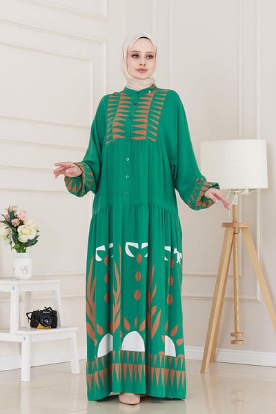 Sevitli Half Button Robe Hülya Dress-Green