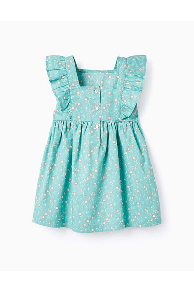 Ziddy Floral Cotton Dress for Baby Girls, Aqua Green