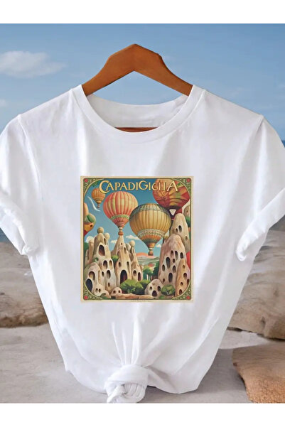 AEMİ Unisex Kapadokija Štampano 100% pamuk Oversize kroj T-shirt