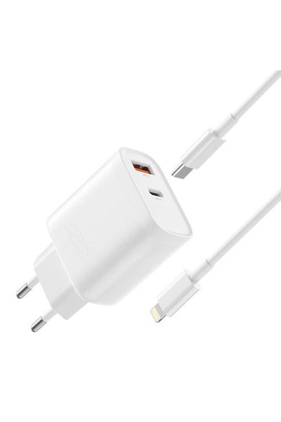 REDz Accessories Set încărcător Xo-l116 cu cablu Lightning, pentru iPhone, adaptor cu două porturi, încărcare rapidă 30w, alb