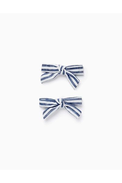 Ziddy Pack of 2 Hair Clips with Striped Bows for Baby Girls, White/Blue